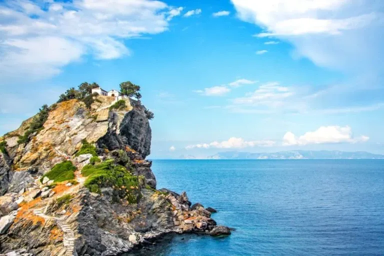 The chapel of Agios Ioannis on its tall rock above the sea, on the island of Skopelos