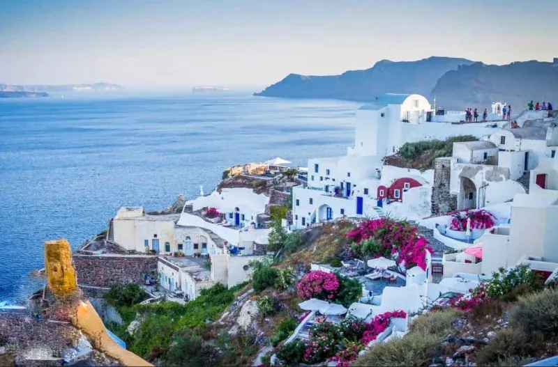 White cliffside houses with pink bougainvillea above the sea in the evening