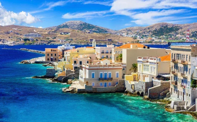 Colourful neoclassical mansions on the waterfront of Ermoupoli on Syros