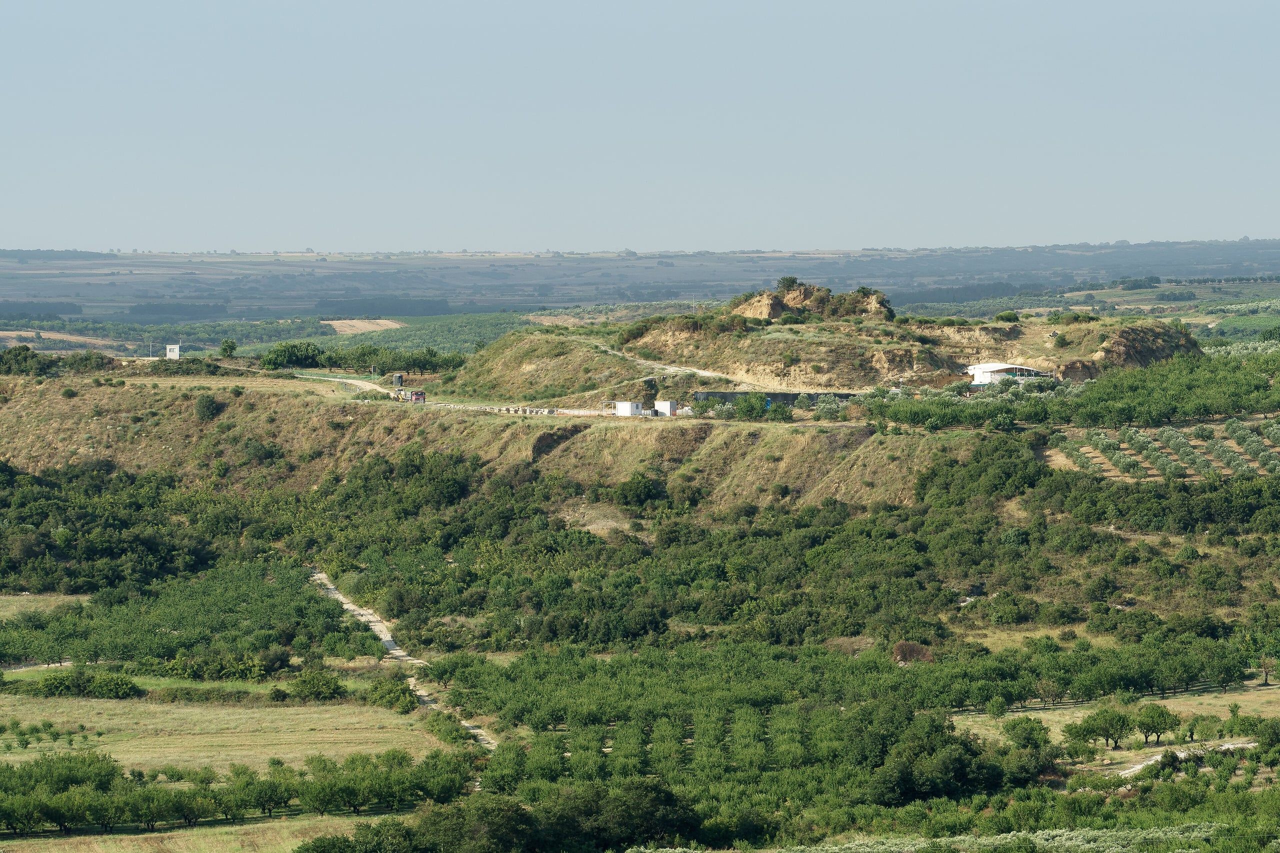 The Kasta Tumulus at Amphipolis rising over olive groves and the plain