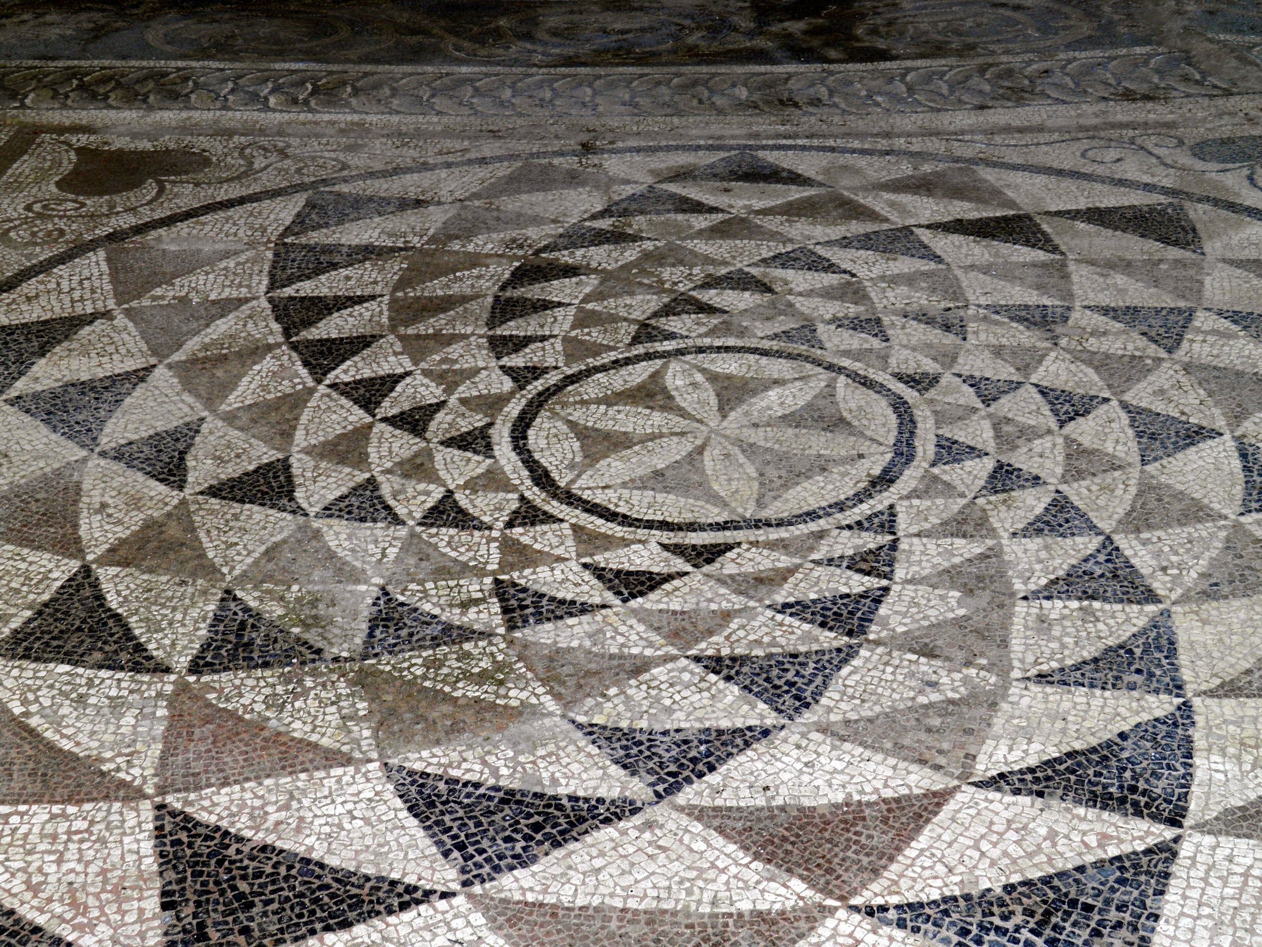 Black and white geometric mosaic floor at the archaeological site of Dion