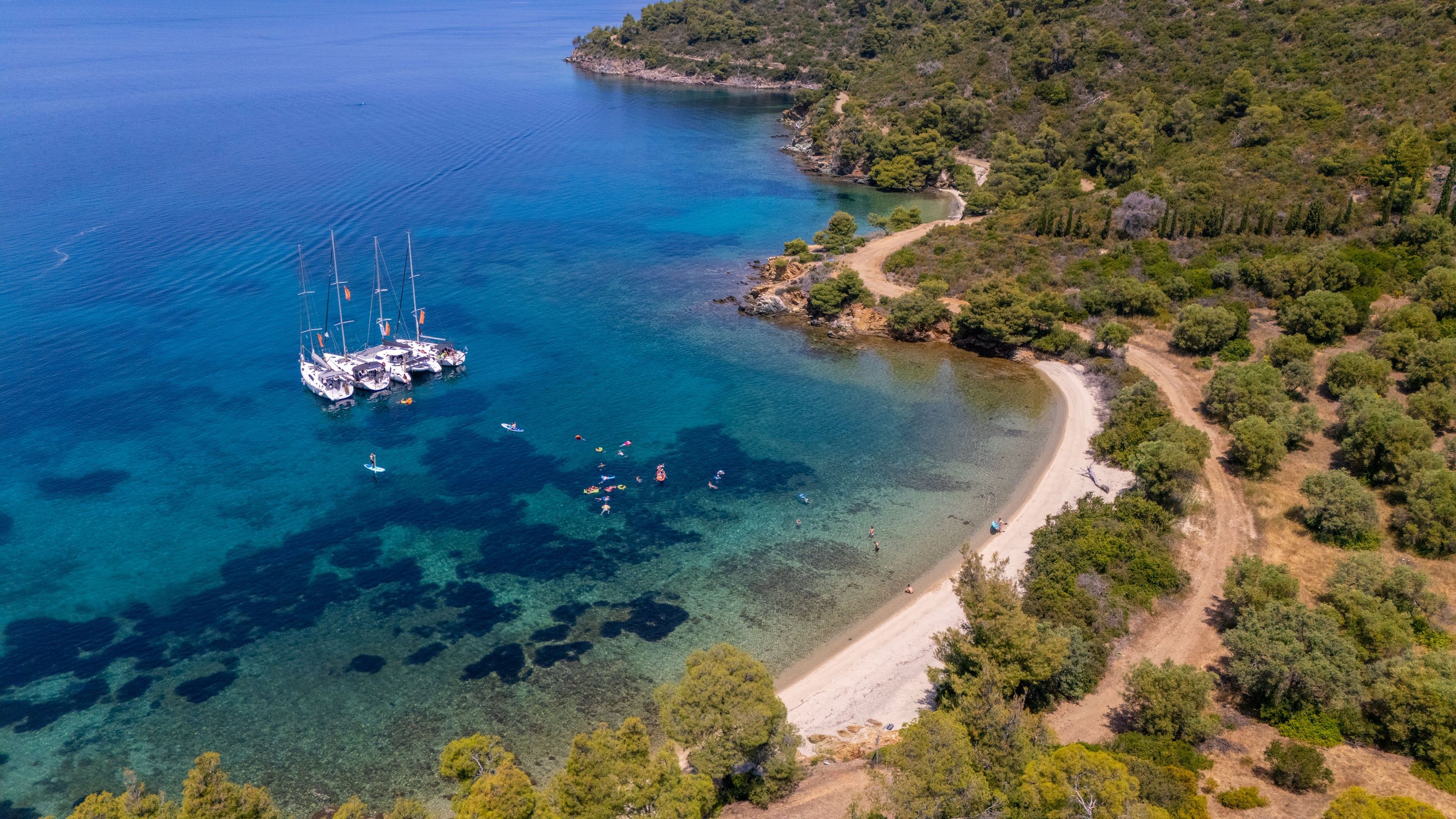 Sailing yachts rafted in a quiet bay near Porto Carras, guests swimming off the beach