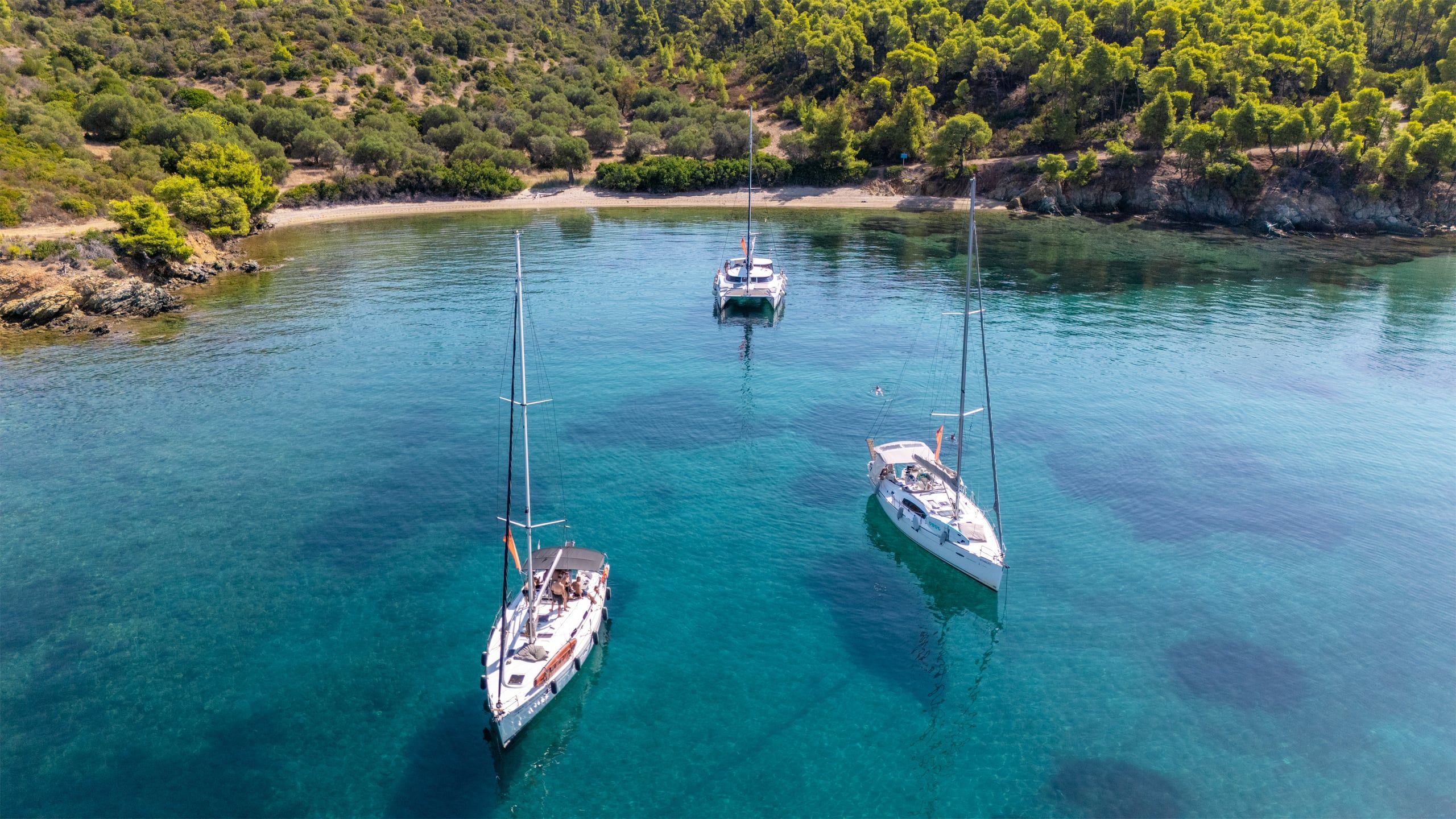 Two sailing yachts and a catamaran anchored in a turquoise bay below pines near Porto Carras