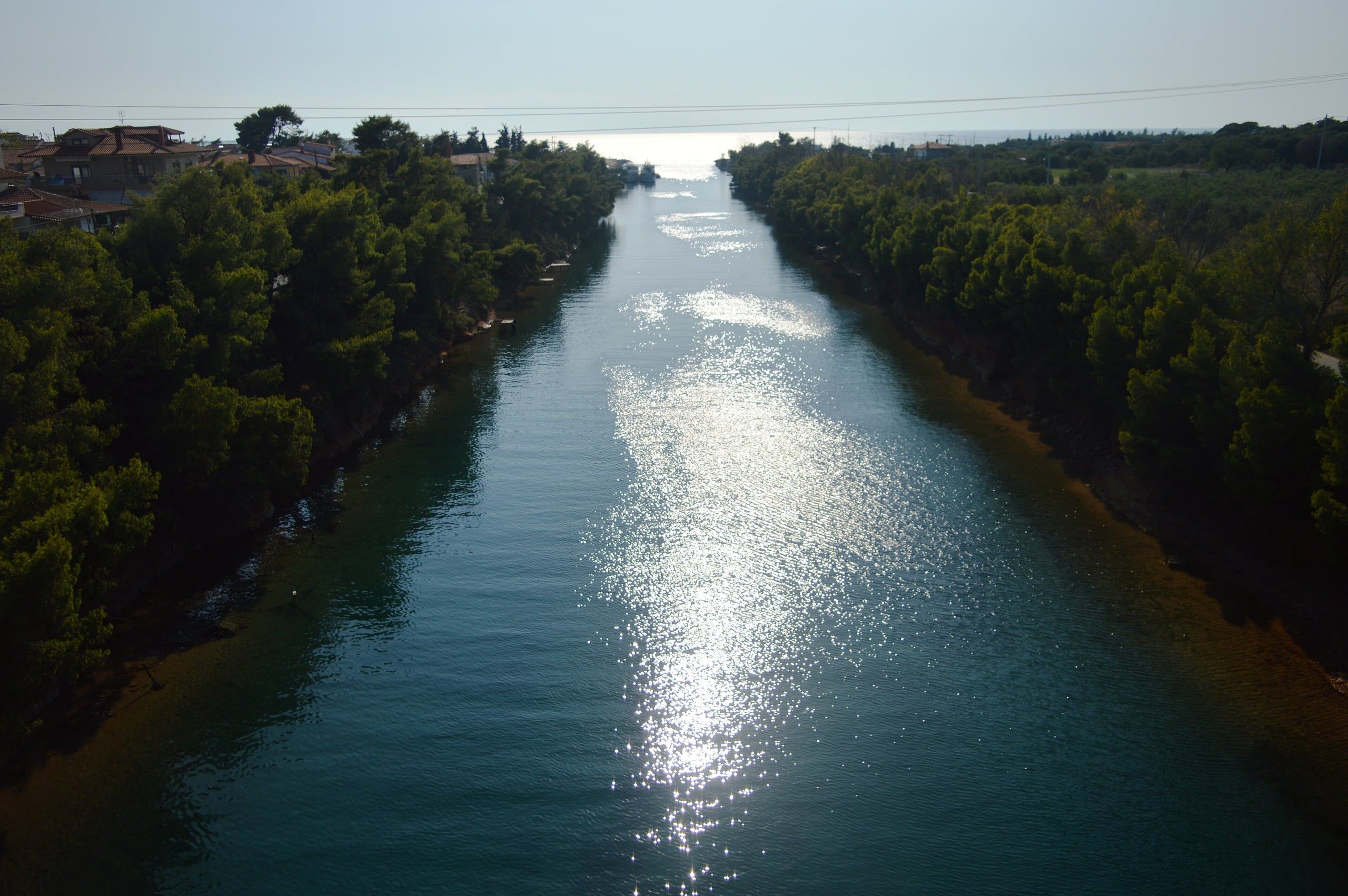 The Potidea canal running straight between pine trees under the morning sun