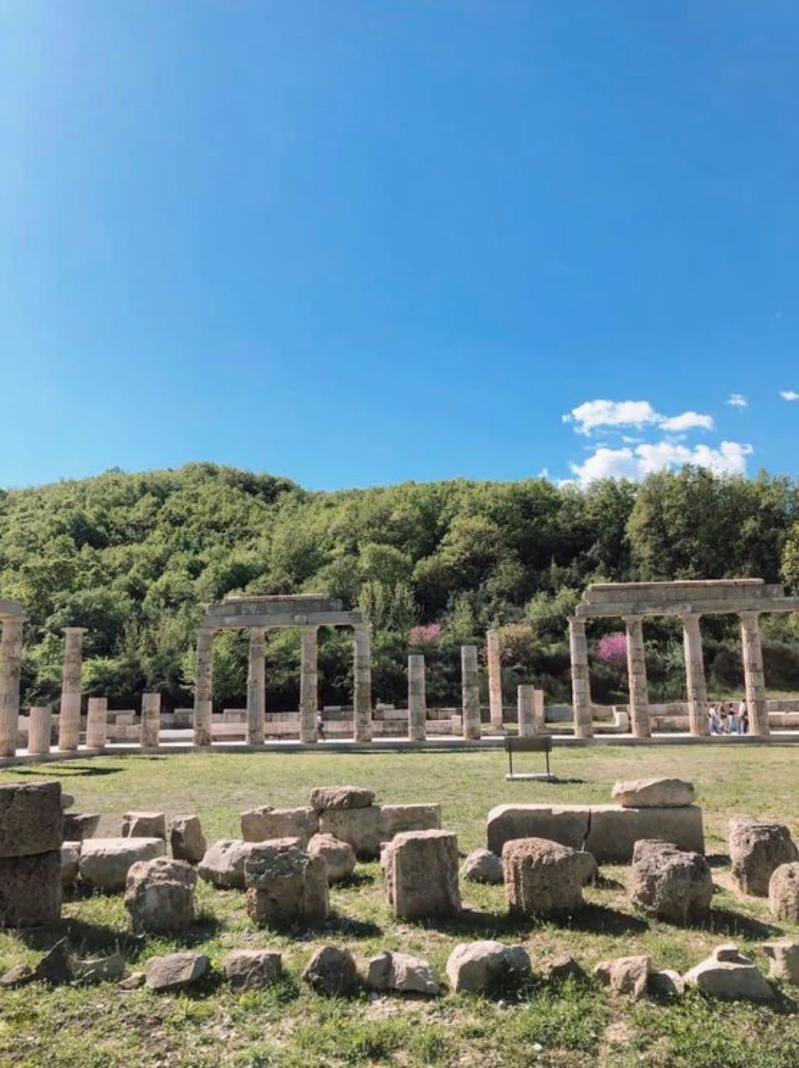 Stone ruins and restored columns of an ancient palace under a clear blue sky